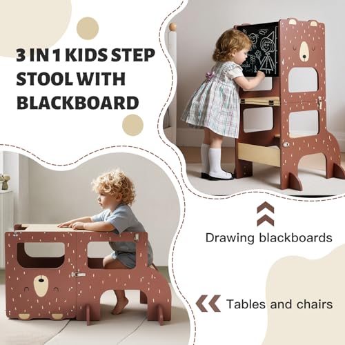 labebe Montessori Tower Kids Large Size Wooden Folding Montessori Tower 3 in 1 Multifunctional Montessori Tower with Blackboard Brown Bear