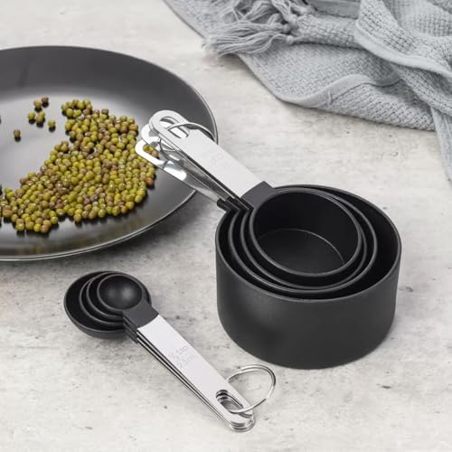 Juego de 8 tazas y cucharas medidoras, cucharas medidoras apilables negras para medir ingredientes secos y líquidos, cucharadita pequeña con cabeza de plástico