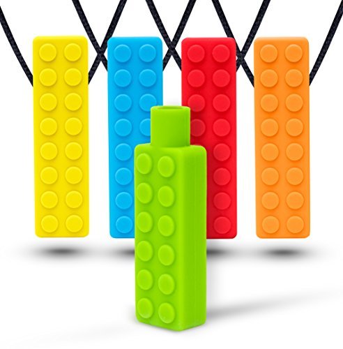 Optimum Sensory Chew Necklace (4 Pack + Free Pencil Topper) - Chewy Necklace Bundle - Silicon Chewelry for Kids with Autism ADHD Biting Needs - Chewlery Toy for Boys and Girls - More Firm