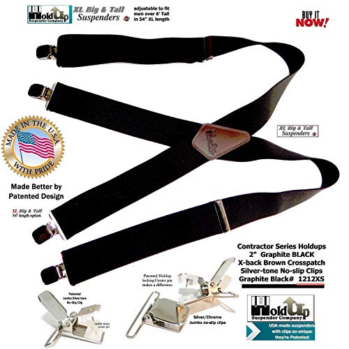 Holdup Suspender Company Brand 2" Wide XL Graphite Black Work Suspenders with Patented Silver Tone Jumbo No-slip Clips