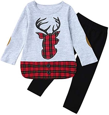 MONsin Baby Girls Christmas Tops Pants Toddler Child Girls Xmas Embroidery Deer Plaid Clothing Set
