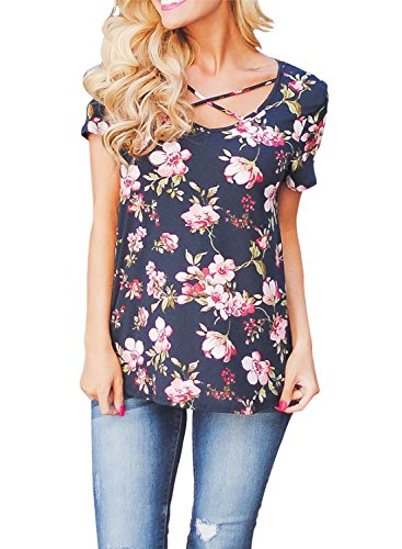 Kingfung women s floral print short sleeve v neck t-shi…