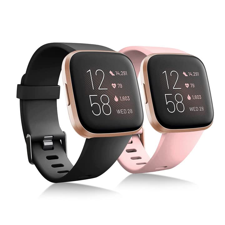 superpow 2 Pack Strap Compatible for Fitbit Versa Straps/Fitbit, Sport Silicone Replacement Straps with Lite/Versa 2/Versa Women Men, Small/Large, Black/Pink, 5.5''-7.1''
