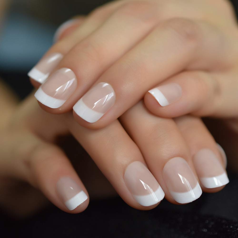 Natural French Nail Nude White Tip Glossy Press On Fingernals Faux Ongles 24 Beauty