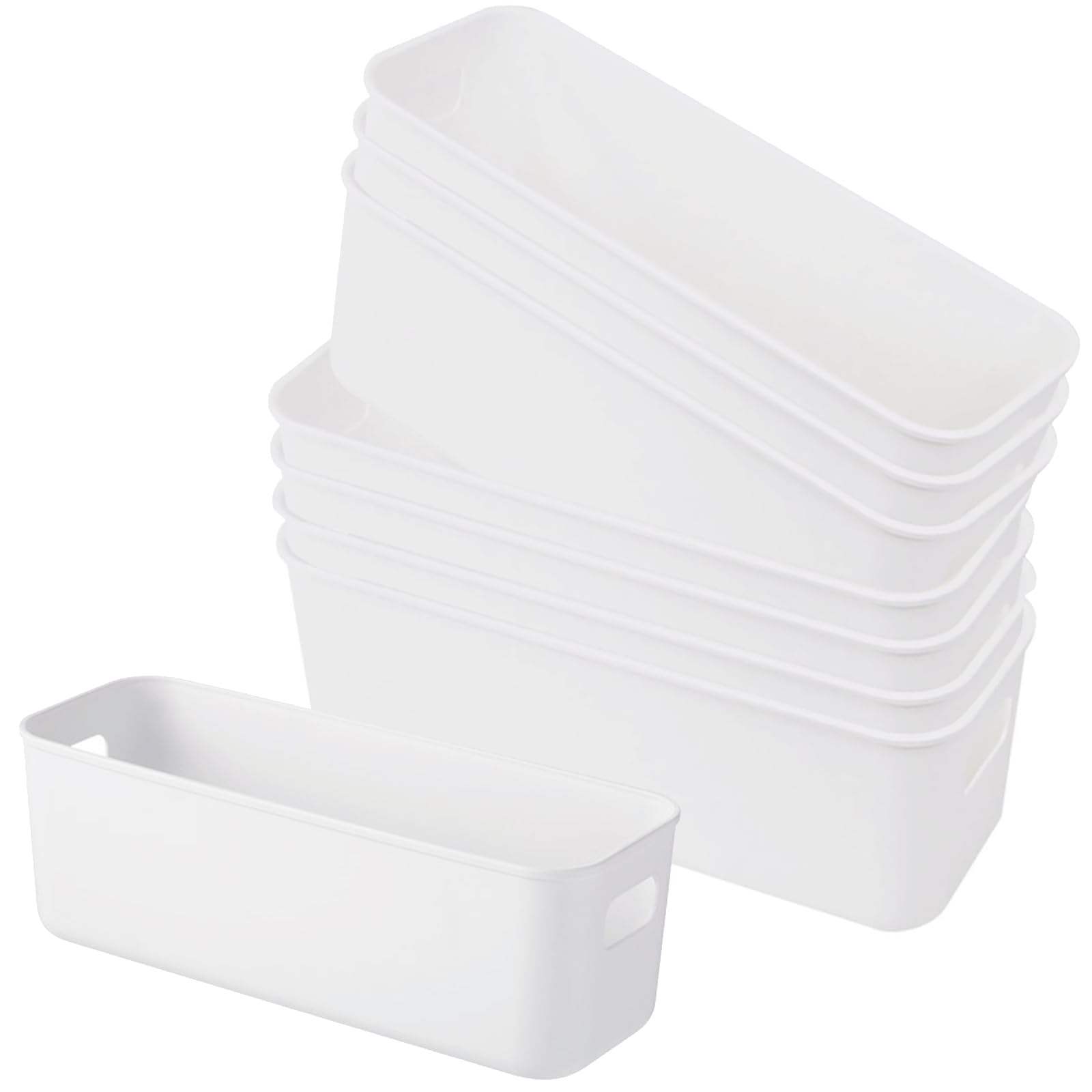 8pcs White Plastic Stackable Storage Boxes with Handles, Small Narrow Rectangular Receive Basket for Cupboard,Shelves,Tubs, Drawers Organiser for Kitchen, Home, Office, Bathroom, Open Type Slim Boxes