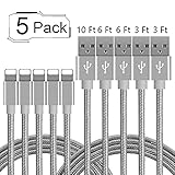 iPhone Charger,MFi Certified Lightning Cable,[5-Packs](3/3/6/6/10FT) Extra Long Nylon Braided Charging&Syncing Cord Compatible with iPhone Xs/XR/XS Max/X/7/7Plus/8/8Plus/6S/6SPlus/5(Black&White)