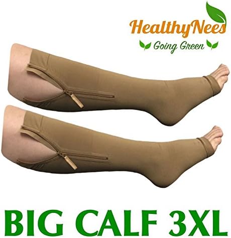 HealthyNees Big Tall Plus Size Wide Calf &amp; Extra Wide 20-30 mmHg Open Toe Medical Compression Leg Swelling Circulation Men Women Socks (With Zipper Beige, Big Calf 3XL)