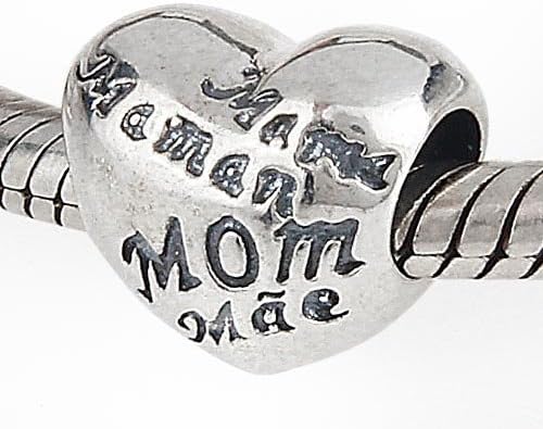Hoobeads Authentic 925 Sterling Silver MOM Heart Charm with MOM Love in Different Languages for 3mm European Charms Bracelet
