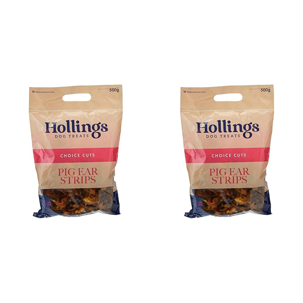 Hollings Pig Ear Strips Dog Treats, 100% Natural Air Dried Long Lasting Chews for Adult Dogs, Grain Free & High in Protein (500g) (Pack of 2)