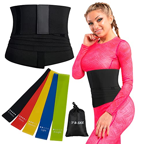 B-SKIE - Waist Trainer for Women Lower Belly Fat - Plus Size Tummy Control Belt - Bandage Wrap Waist Trimmer - Lower Belly Waist Wraps for Stomach - 5 Resistance Bands for Women Black