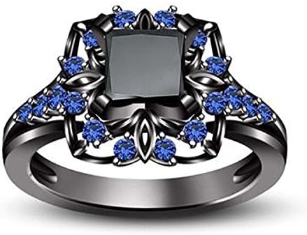 SRJEWELS 14K Black Gold Plating 1.50tcw Princes Cut Created Black Daimond & Blue Sapphire Anniversary Promise Classic Look Princess Belle Ring Engagement & Wedding Ring Alloy