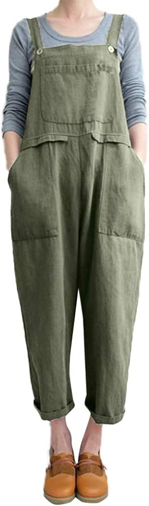 RAISINGTOP Women Overalls and Jumpers Elastic Waist Dungarees Linen Cotton Pockets Rompers Jumpsuit Denim Shorts Pants