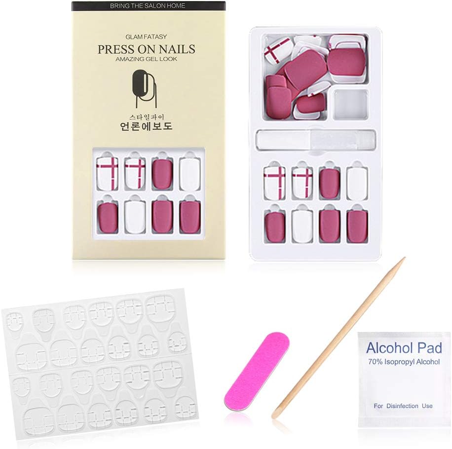 22 Pieces/Set Lavender Purple Press on Nails Casual Plaid Pattern Design Natural Size Nails with Adhesive Glue Tabs Medium Fake Nails Impress Matte False Nails Sets for Women