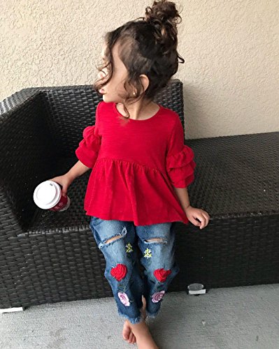 2Pcs Toddler Baby Girls Ruffle Tops Flower Distressed Denim Pants Outfit Set (Red, 90/Fit 2-3T)