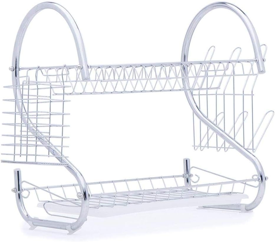2-Tier Durable Steel Dish Rack and Drain Board, Kitchen Chrome Cup Basket Dish Drying Rack Tray Cutlery Dish Drainer
