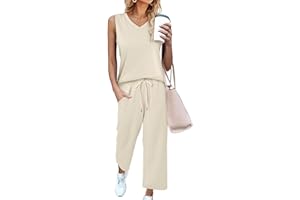 onlypuff Womens Two Piece Sets Casual Travel Vacation Outfits Summer Wide Leg Crop Pants Sleeveless Lounge Sets