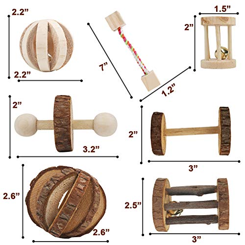 AriTan 7 Pcs Hamster Chew Natural Wooden Toys, Teeth Care for Small Animals Guinea Pig Rats Chinchillas Bunny Rabbits Bird Toys Accessories, Dumbells Exercise Bell Unicycle - Thumbnail 2