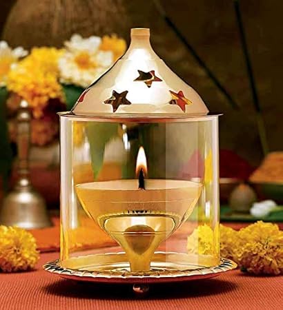 Panchalp Akhand Diya with Glass Cover, Height - 5 Inch, Medium, Brass Diya for Puja Room