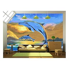 Dolphin in The Sea Oil Painting on Canvas - Removable Wall Mural | Self-Adhesive Large Wallpaper - 66x96 inches