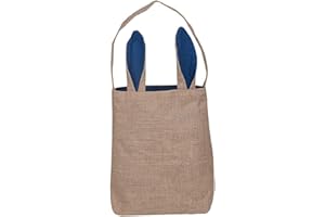 Jolly Jon Easter Egg Hunt Basket Bag - Bunny Rabbit Ear Design - Kids Reusable Baskets Baby Shower - Party Gift Bags & Book Storage (Burlap/Navy Blue Ears)