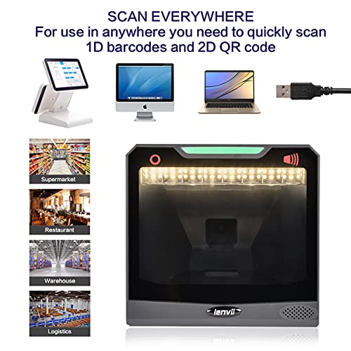 LENVII Hands-Free Barcode Scanner,Omnidirectional Auto 1D/2D USB Barcode Reader/QR Barcode Scanner,Barcode Scanner Supports Barcode Scanning from Screen