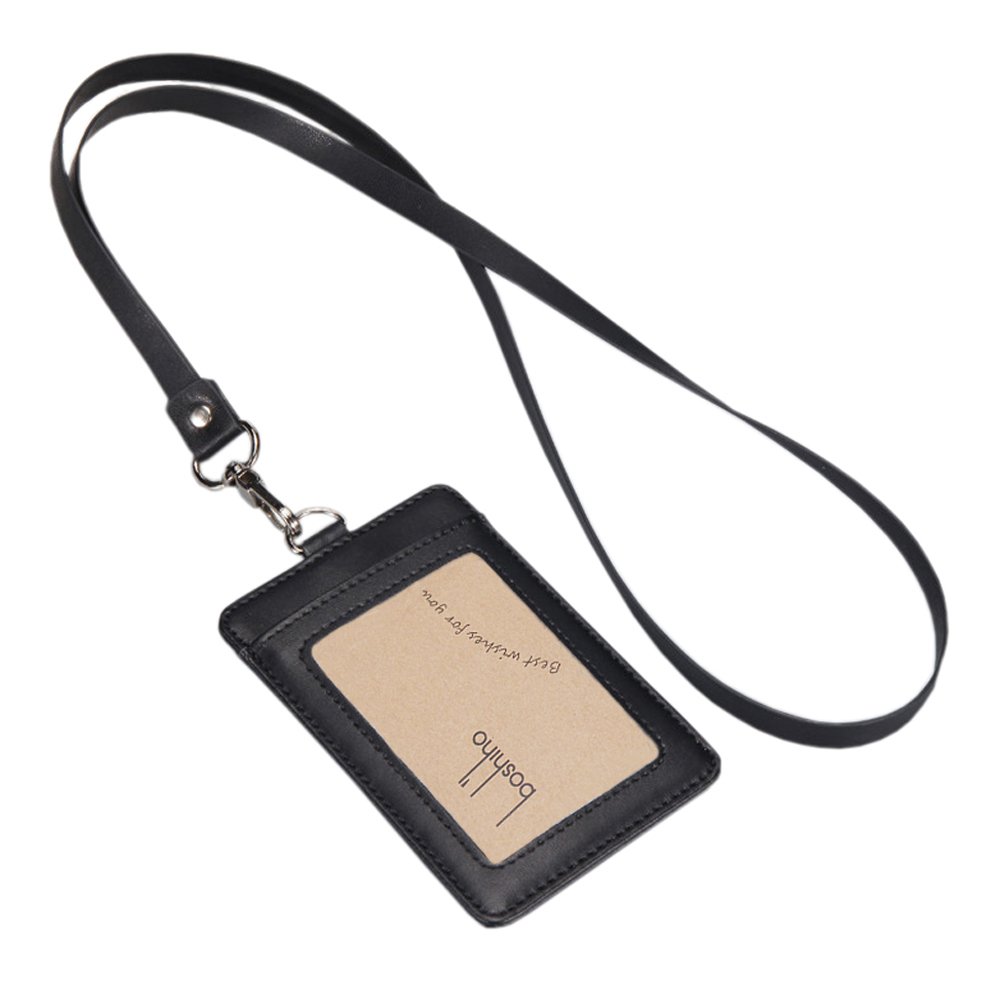 Boshiho Leather ID Card Badge Holder with Heavy Duty PU Leather Lanyard Neck Strap (V-Black) — image 1