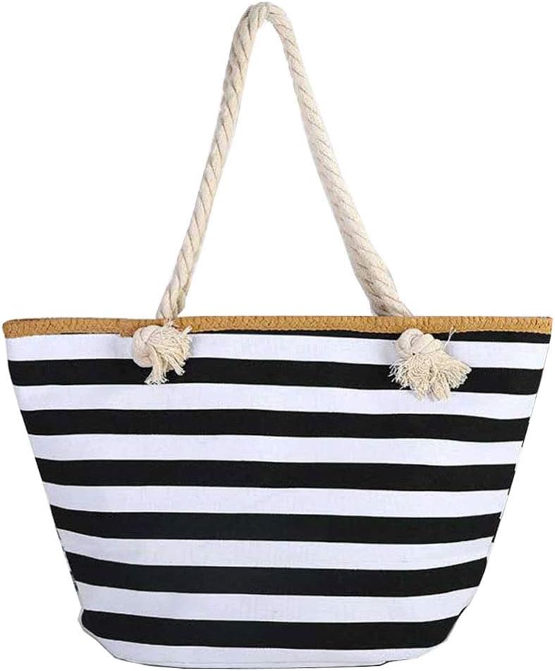 Large Canvas Striped Beach Bag Top Zipper Closure Waterproof Lining