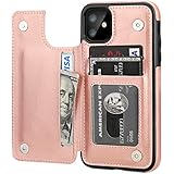 iPhone 11 Wallet Case with Card Holder,OT ONETOP PU Leather Kickstand Card Slots Case,Double Magnetic Clasp and Durable Shockproof Cover for iPhone 11 6.1 Inch(Rose Gold)