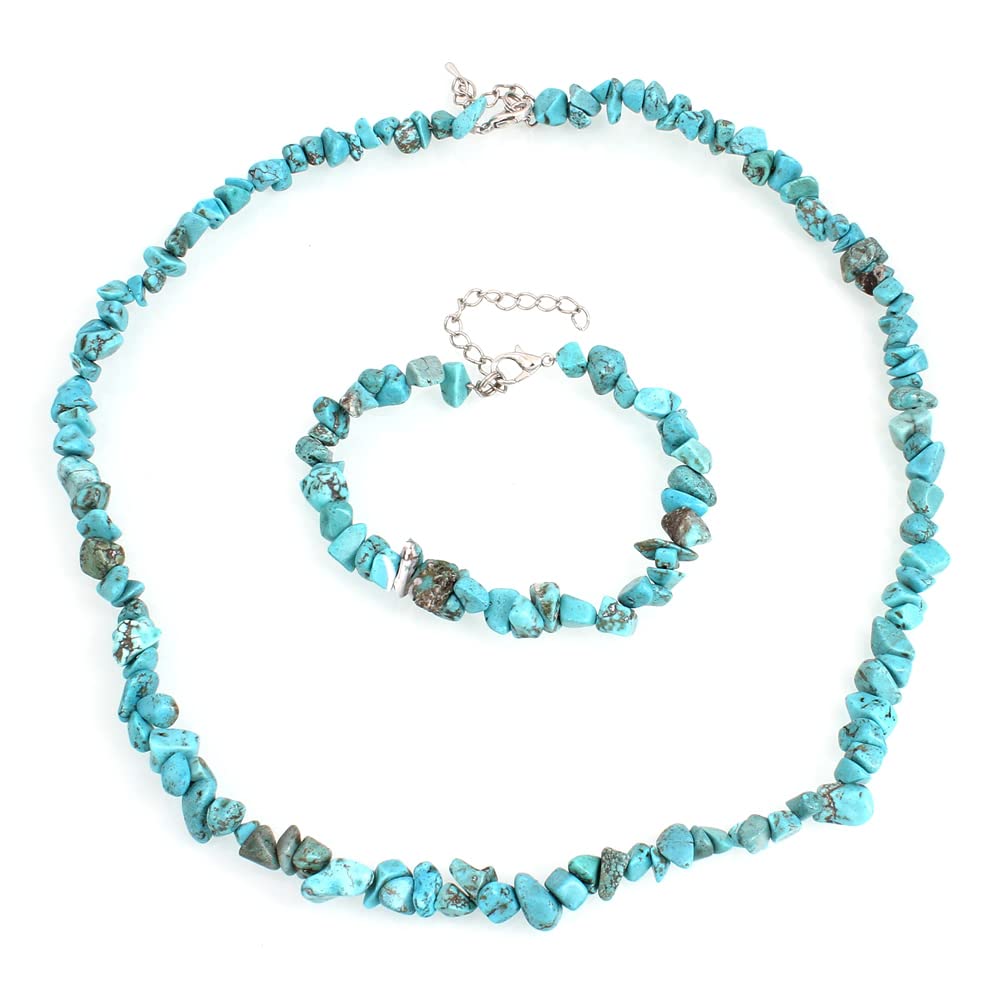 Treasure Bay Beautiful Natural Gemstone Chips, Crystal Chip Necklace and Bracelet Set for Women and Girls (Blue Turquoise)