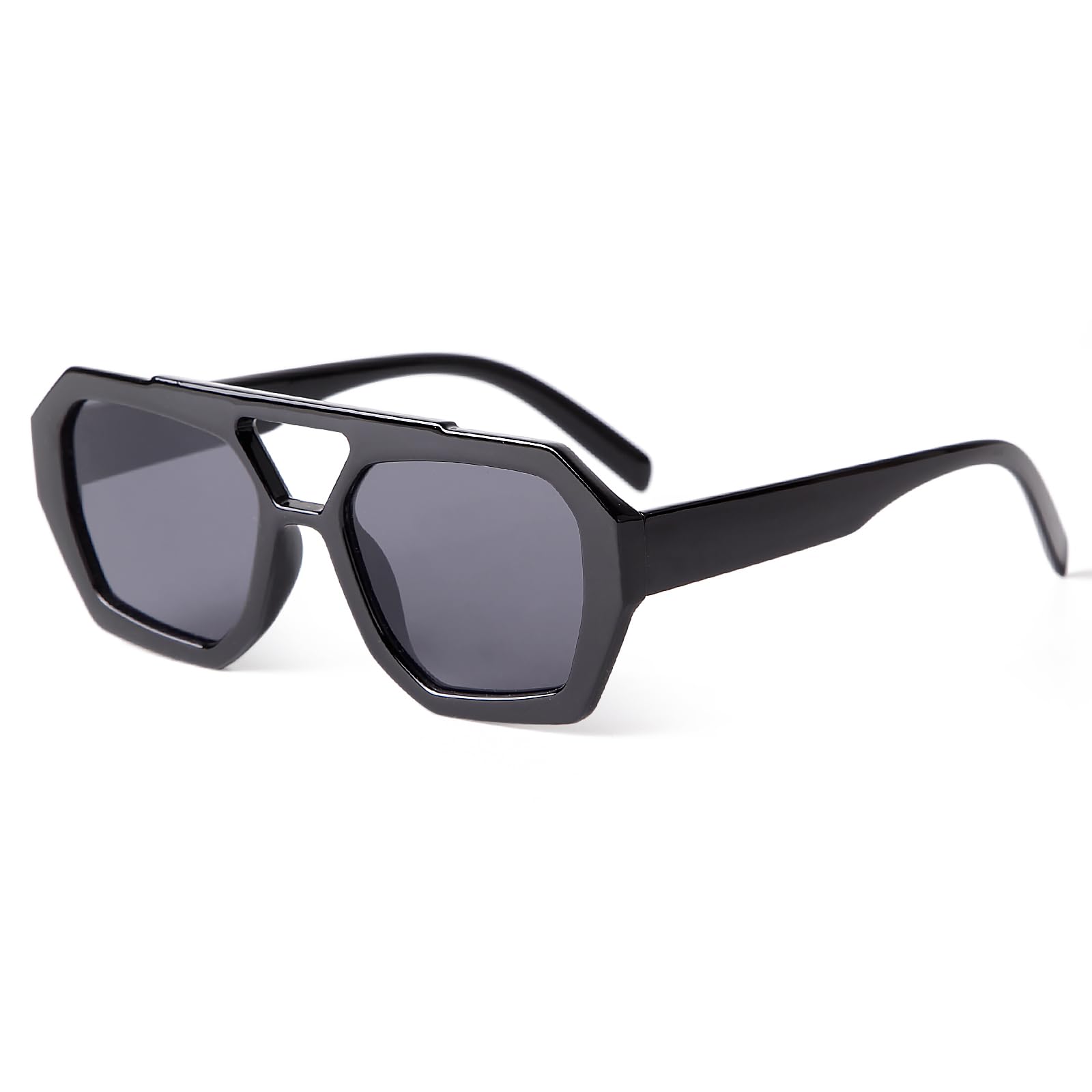 Photo 1 of ADE WU Trendy Square Aviator Sunglasses for Women Fashion Chic Retro 70s Thick Double Bridge Hexagon Pilot Sun Glasses, Black Frame Grey Lense