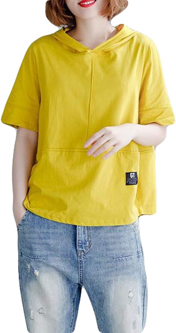 Amazon Ptorパーカー レディース Tシャツ 半袖 フード付き プルオーバー ゆったり 夏服 カジュアル 無地 トップス 大きいサイズ フードパーカー 黄色 Freesizeイエロー トレーナー パーカー 通販