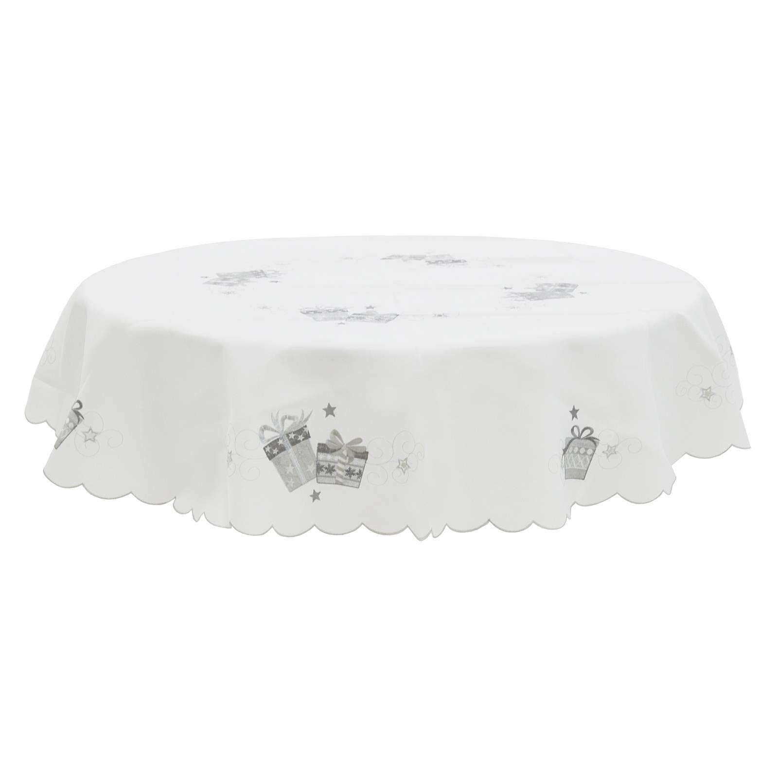 Mr Crimbo Christmas Tablecloth White Polyester Fabric Silver Embroidered Presents - 70" Round — image 1