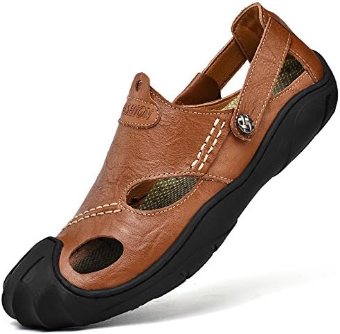 CEKU Men's Closed Toe Outdoor Walking Leather Athletics Waterproof Comfortable Casual Fisherman Sandals Water Shoes-Brown/1-44