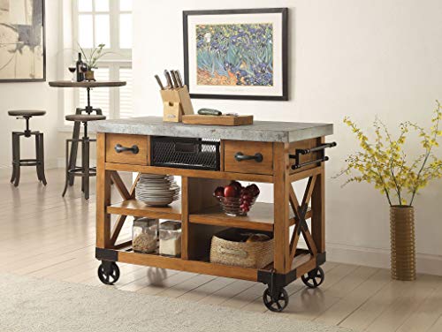 Major-Q 48" Industrial Style Distressed Antique Oak Finish Dining Storage Kitchen Island Cart with Caster Wheels, 9098182 - Thumbnail 7