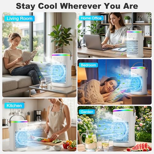 Mini Quiet Portable Air Conditioner, Air Cooler with Remote Control, 3 Speeds and 2 Misting Modes, 1-4H Timer, 7 LED Lights, Cold Air Fan for Bedroom Office