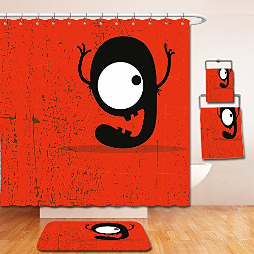 Click Here to See More Images Nalahome Bath Suit: Showercurtain Bathrug Bathtowel Handtowel Red Decor Cartoon Style Illustration of Letter G Monster on Grunge Background Red Black and White