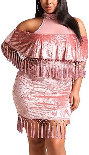 Debshops Womens Plus Size Crushed Velvet Tassel Bodycon Dress 2XL Mauve