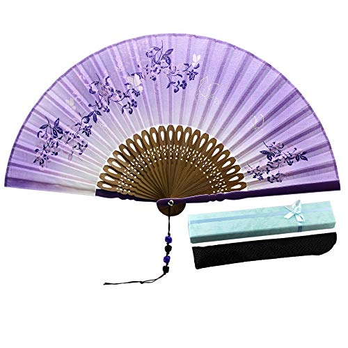 JSSWBJSSWB 8.27"(21cm) Women Hand Held Silk Folding Fans with Bamboo Frame - with a Fabric Sleeve for Protection for Gifts - Chinese/Japanese Style Butterflies and Morning Glory Flowers Pattern (Purple)