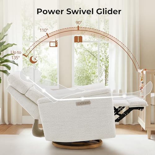 CHITA Power Swivel Glider for Adults with Nightlight, Nursery Recliner Chair with Power Headrest for Living Room, Bedroom, Water-Resistant Boucle Fabric, Boucle Fabric in Pearl | Power Headrest, Water-Resistant Fabric, Nursery Rocking Chairs for Living Room and Bedroom