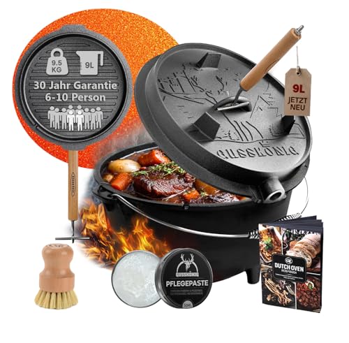 GUSSKÖNIG Dutch Oven Set - Eingebrannter Dutch Oven 9 Liter [6-10 Person]-Feuertopf Gusseisen mit Füßen-Schmortopf Doppelfunktion-2in1 Deckelheber, Bü