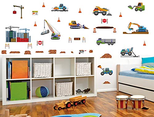 treepenguin Kids Construction Wall Decals: Fun Peel and Stick Trucks for Boys Rooms - Large Wall Decor Stickers for Childrens Bedroom or Playroom