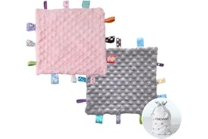 CREVENT Tag Security Blankets for Babies, Soft Small Taggie for Boys Girls, Baby Comforter Sensory Blanket, Great Gifts for Birthday Baby Shower 10"X10" (Pink+Grey)