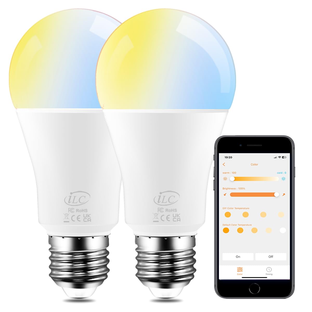 iLC LED Smart Bulbs 12W Work with Alexa(Required Echo Device), E27 Edison Screw 2700K-6000K Turnable (2 Packs) — image 1