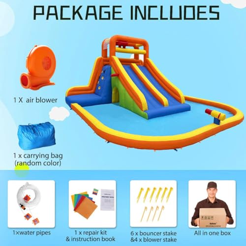 HuaKastro 15.6x15FT Giant Water Slide for Big Kids 5-12, Inflatable Water Park with Big Splash Pool, Dual Tall Slides & 2 Climb Walls for Racing Fun, W/Surprise Water Dump Bucket, Hide&Seek Cave