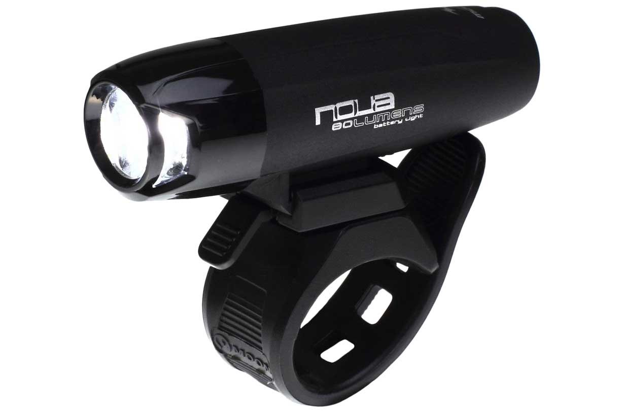 Moon Light the Way You Ride On Nova 100 Lumens IPX4 AA Battery Handlebar Mounted Front Cycle Light, Max Runtime 13 Hours.