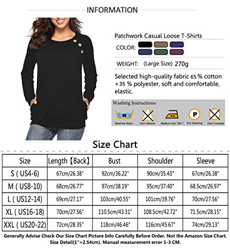 Womens Button Long Sleeve Tops Casual Blouses T-Shirt Round Neck Pockets Top Black L - Thumbnail 7