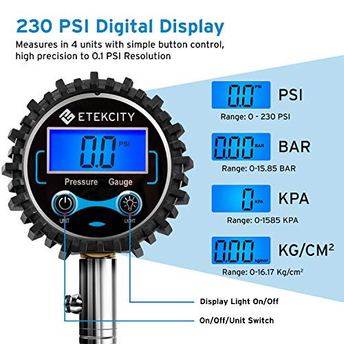 Etekcity GL-1099B Digital Tire Pressure Gauge 230 PSI with Backlit LCD, Air Bleed and Low Battery Indicator, Heavy Duty Measure Accuracy 0.1 Display Resolution for Truck, SUV, RV, Motorcycle