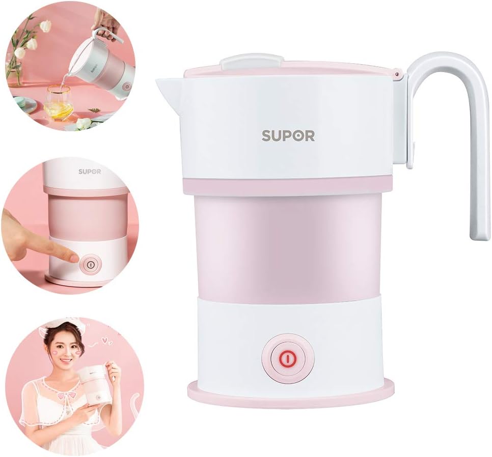 AZCSPFALB Foldable Travel Electric Kettle with Dual Voltage and Storage Bag, Separable Power Cord, Food Silicone, Temperature Control, Portable Mini Water Pot 100-240V 0.6L Fast Boiling - Pink