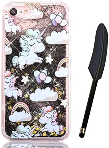 iPhone 7 Glitter Case, iPhone 7 Liquid Case, Cute Lovely Cartoon Unicorn Rainbow Cloud Balloon Design, Edaroo Stars Black Quicksand Moving Luxury Bling Glitter Floating Dynamic Flowing Transparent Hard Case Cover for 4.7 inch iPhone 7 with Free Stylus