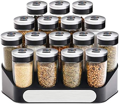 Spice Rack Organizer With 16 Clear Glass Jars, Standing Rack Kitchen Countertop Storage Organizer